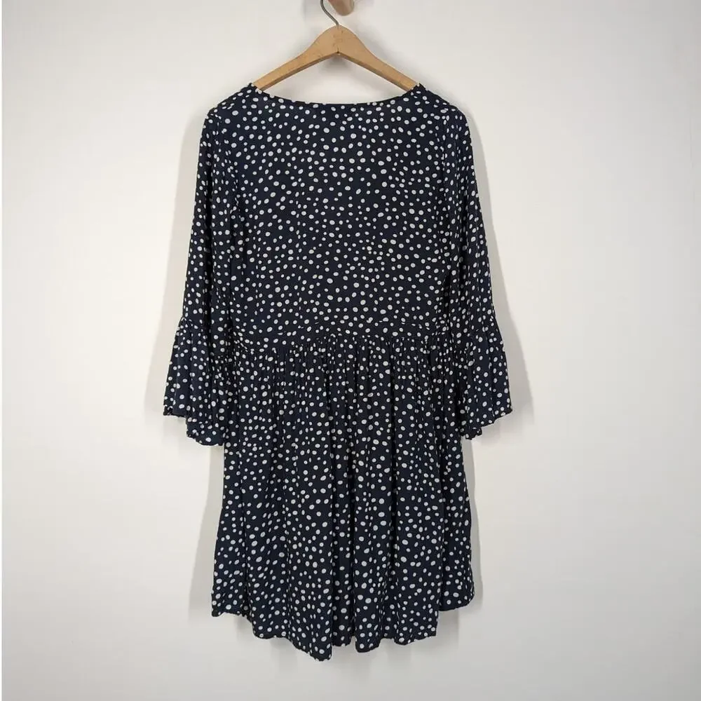 Kivari Mahala V-Neck Button Front Mini Dress Blue Polka Dot Bell Sleeves XS - Picture 4 of 9